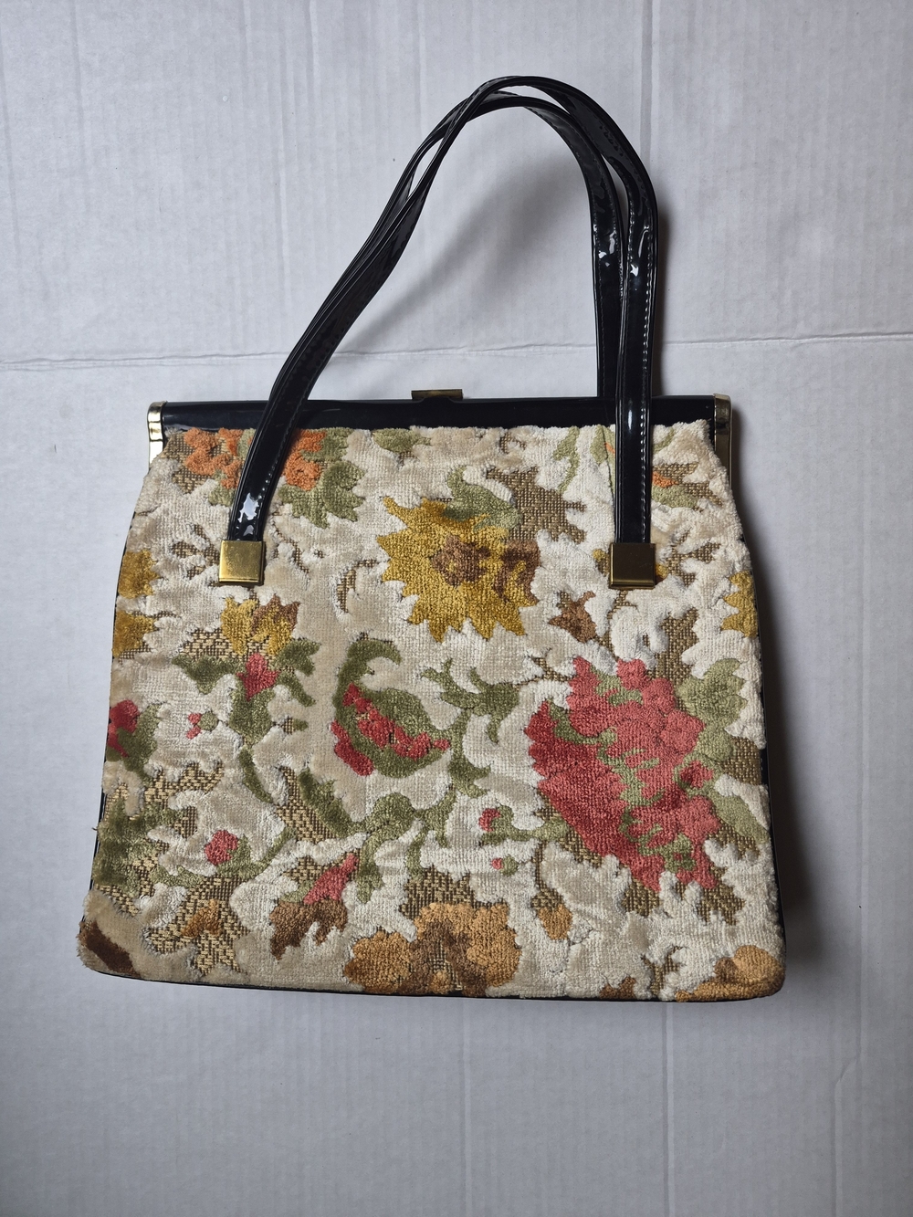 Vintage Classy Tapestry Floral Top-Handle Patent Leather Bag